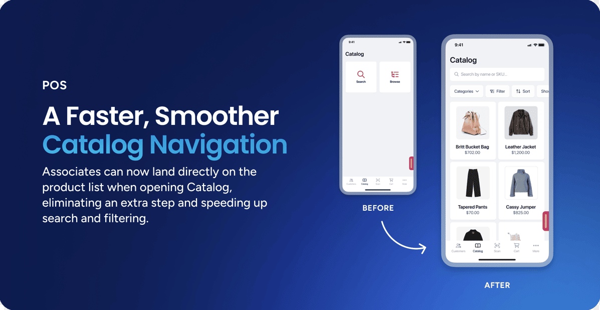 Comparison of catalog navigation before and after, highlighting improved user experience.